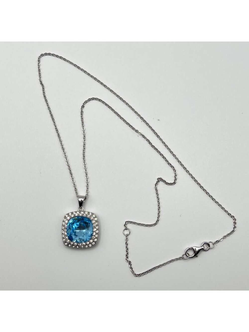 Sterling Silver Pendant Necklace 925 Sky Blue Cushion Halo CZ 18" 7.06g - Picture 3 of 9